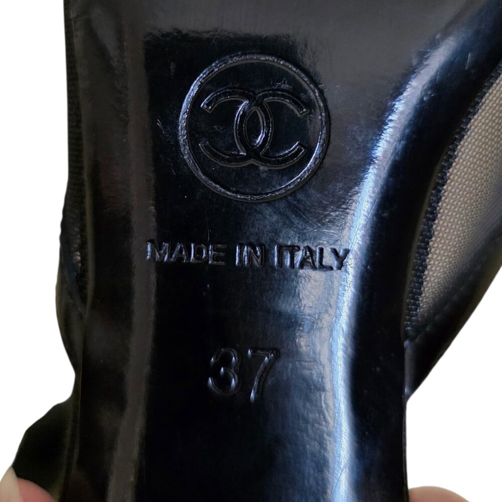 Chanel Vintage 2007 Camellia CC Logo Black Mesh Leather Mules IT 37 US 6.5 - Picture 7 of 12